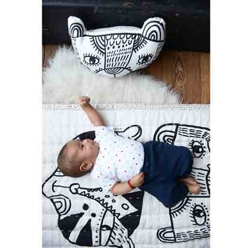 Wee Gallery Hand printed organic cotton black and white funky nursery bear cushion for baby