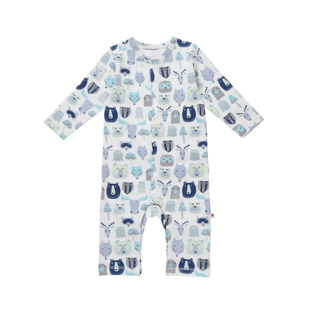 A fabulous and functional organic Woodland Animal playsuit / romper from Piccalilly